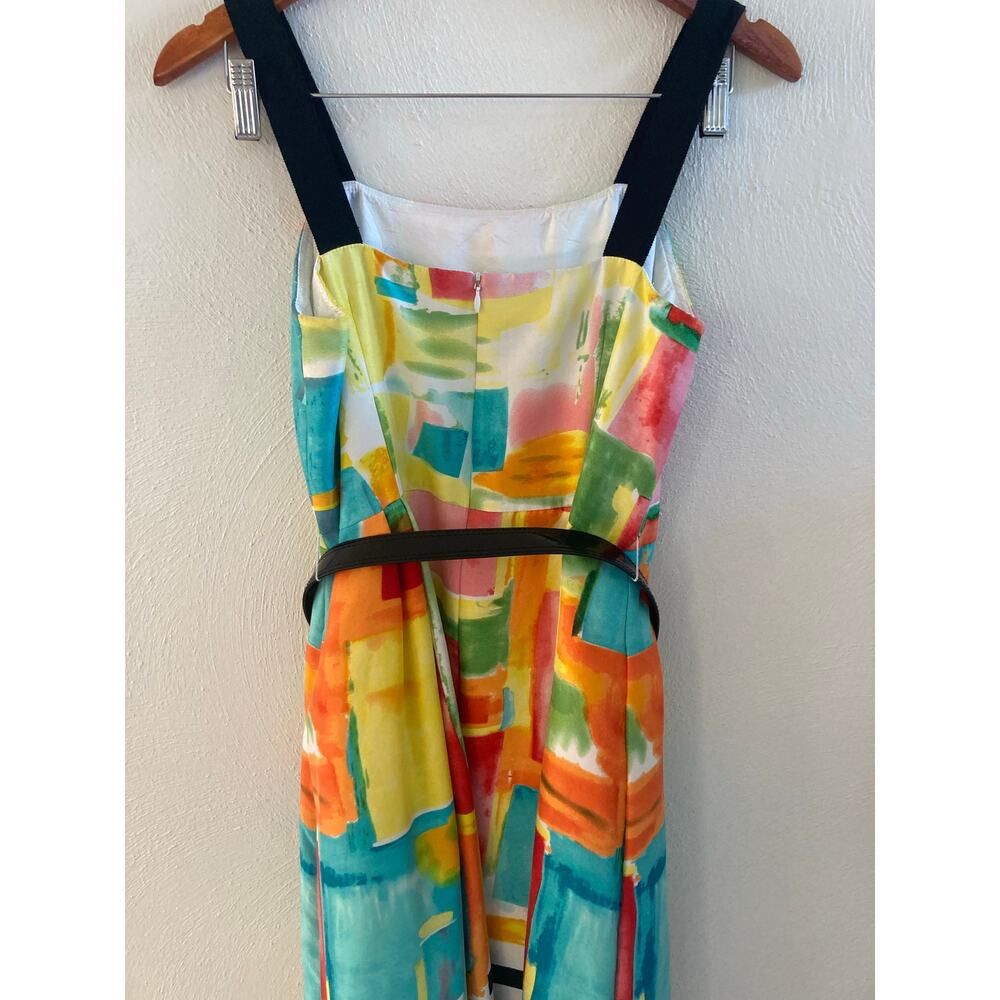 Rickie Freeman Teri Jon Silk Watercolor Abstract Stripe Colorful Belted Dress 8 - Picture 9 of 15